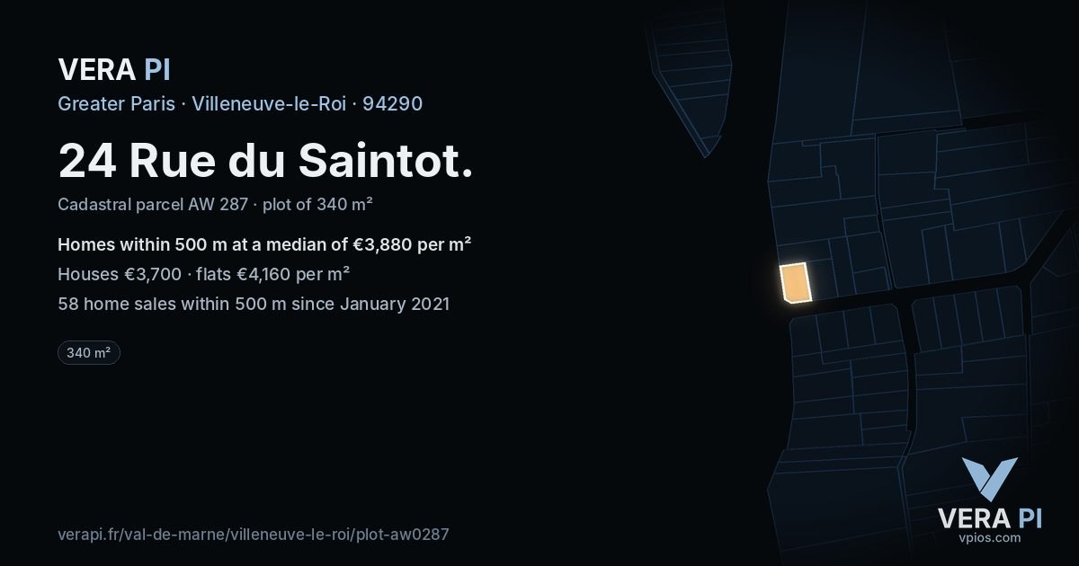 24 Rue du Saintot, Villeneuve-le-Roi at night – the plot lit, the parcels around coloured by the prices near them
