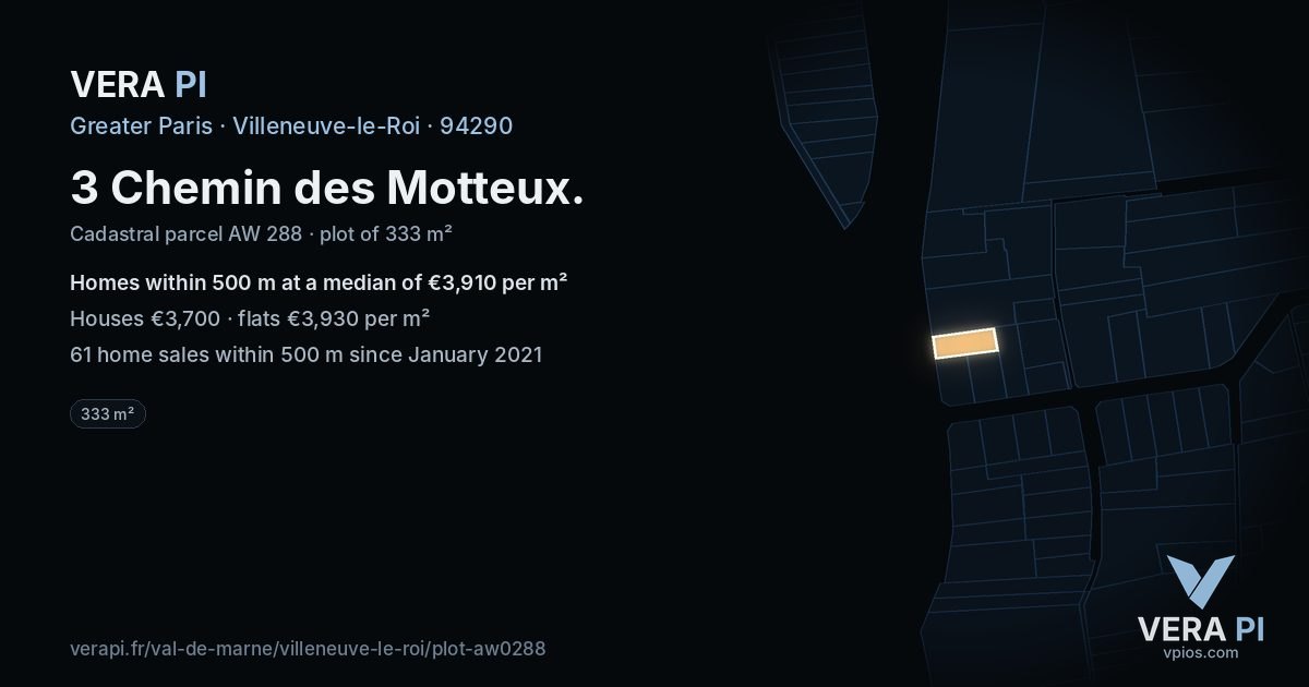 3 Chemin des Motteux, Villeneuve-le-Roi at night – the plot lit, the parcels around coloured by the prices near them
