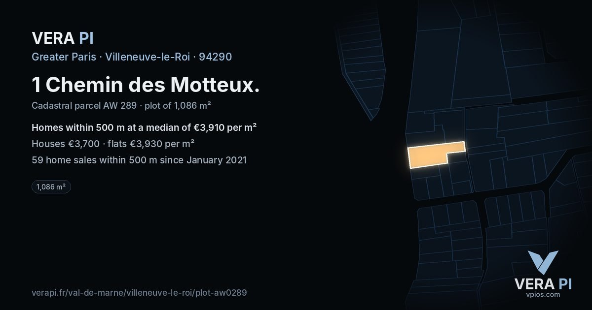 1 Chemin des Motteux, Villeneuve-le-Roi at night – the plot lit, the parcels around coloured by the prices near them