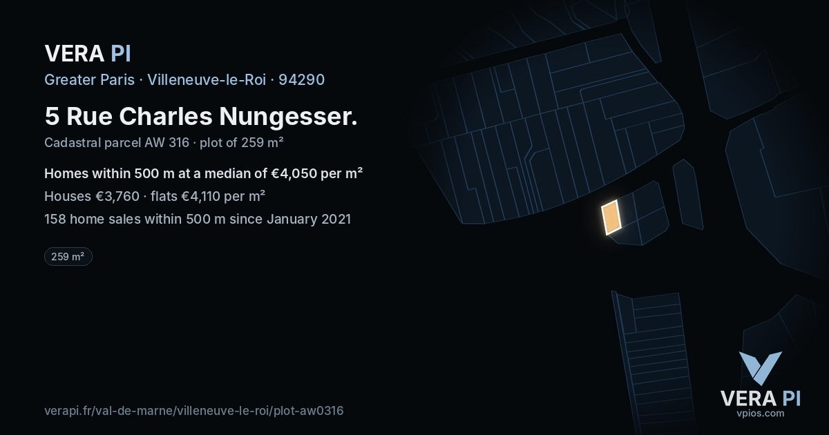 5 Rue Charles Nungesser, Villeneuve-le-Roi at night – the plot lit, the parcels around coloured by the prices near them