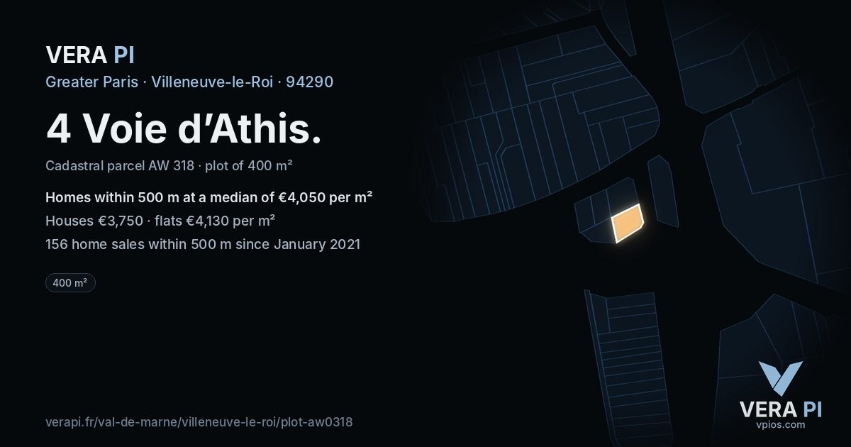 4 Voie d’Athis, Villeneuve-le-Roi at night – the plot lit, the parcels around coloured by the prices near them