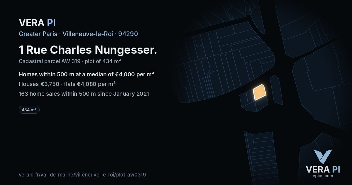 1 Rue Charles Nungesser, Villeneuve-le-Roi at night – the plot lit, the parcels around coloured by the prices near them