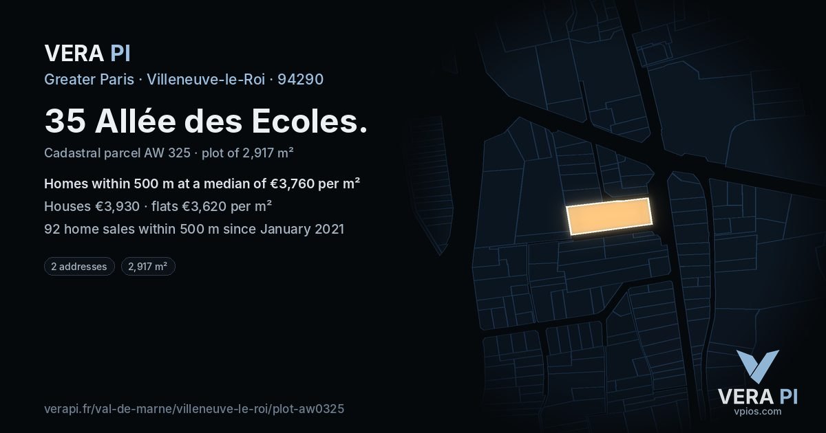 35 Allée des Ecoles, Villeneuve-le-Roi at night – the plot lit, the parcels around coloured by the prices near them