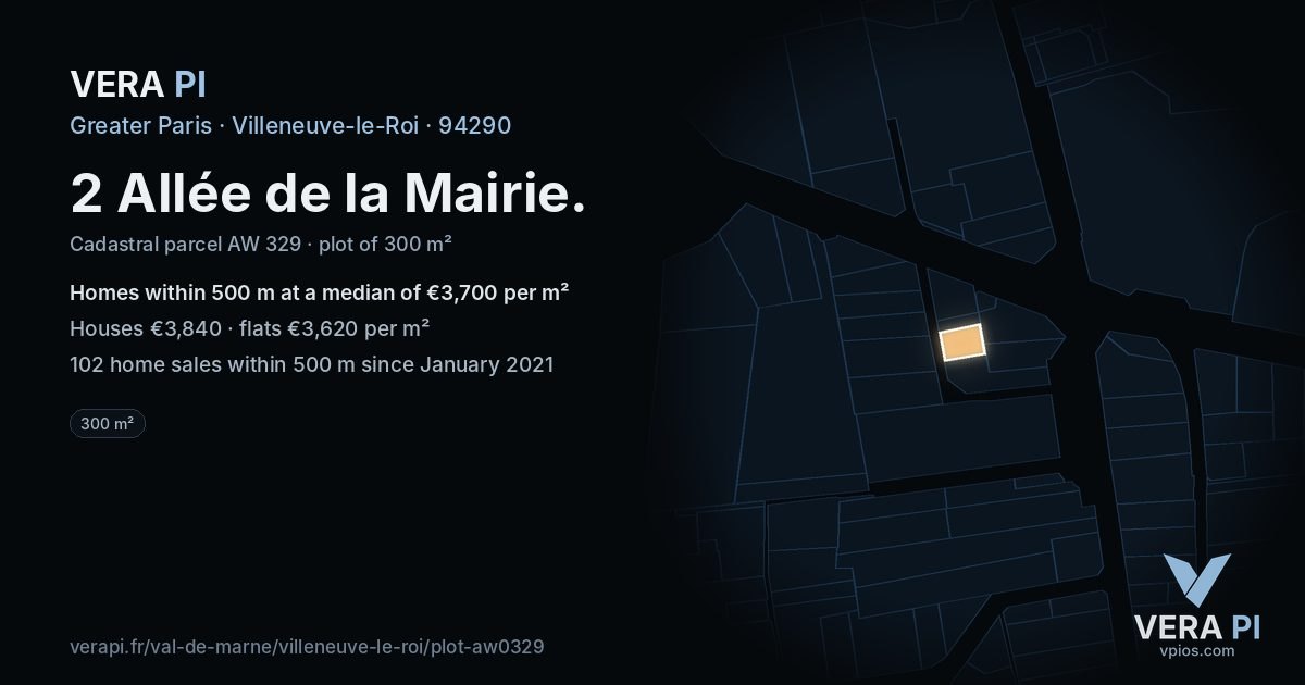 2 Allée de la Mairie, Villeneuve-le-Roi at night – the plot lit, the parcels around coloured by the prices near them