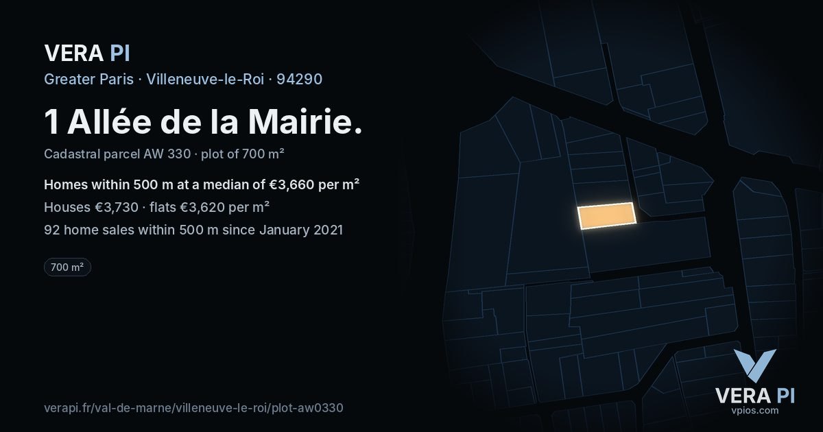 1 Allée de la Mairie, Villeneuve-le-Roi at night – the plot lit, the parcels around coloured by the prices near them