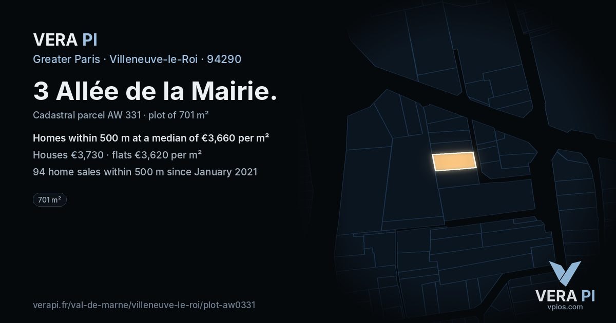 3 Allée de la Mairie, Villeneuve-le-Roi at night – the plot lit, the parcels around coloured by the prices near them