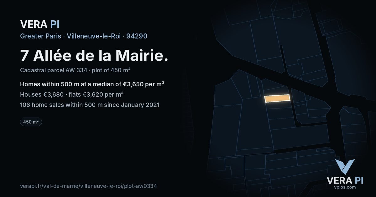 7 Allée de la Mairie, Villeneuve-le-Roi at night – the plot lit, the parcels around coloured by the prices near them