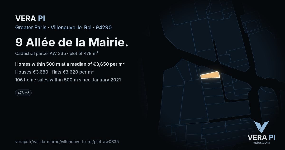 9 Allée de la Mairie, Villeneuve-le-Roi at night – the plot lit, the parcels around coloured by the prices near them