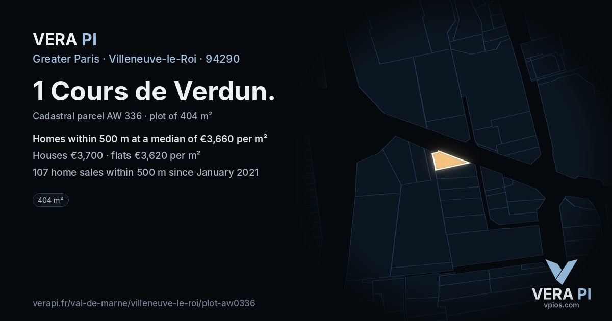 1 Cours de Verdun, Villeneuve-le-Roi at night – the plot lit, the parcels around coloured by the prices near them