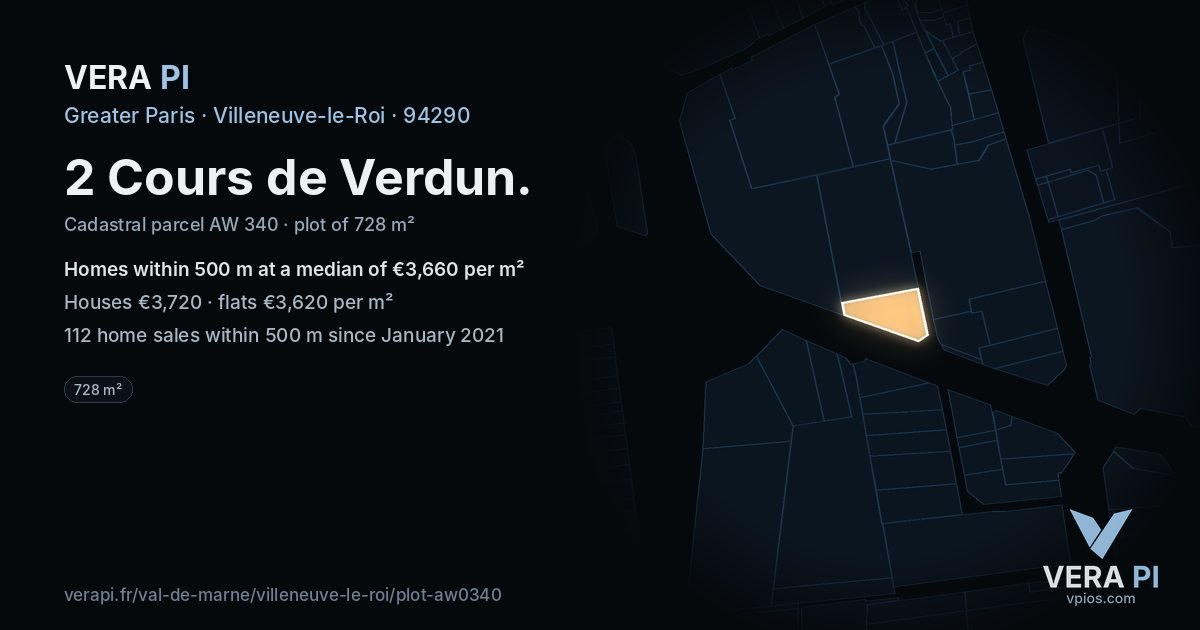 2 Cours de Verdun, Villeneuve-le-Roi at night – the plot lit, the parcels around coloured by the prices near them