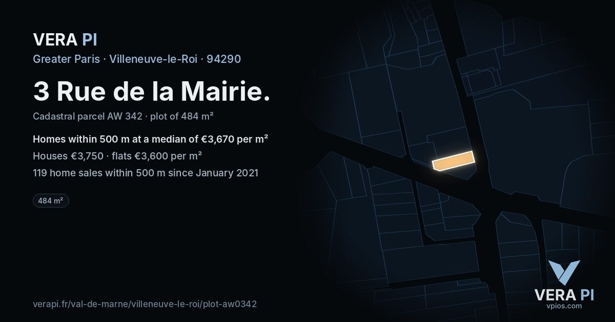 3 Rue de la Mairie, Villeneuve-le-Roi at night – the plot lit, the parcels around coloured by the prices near them