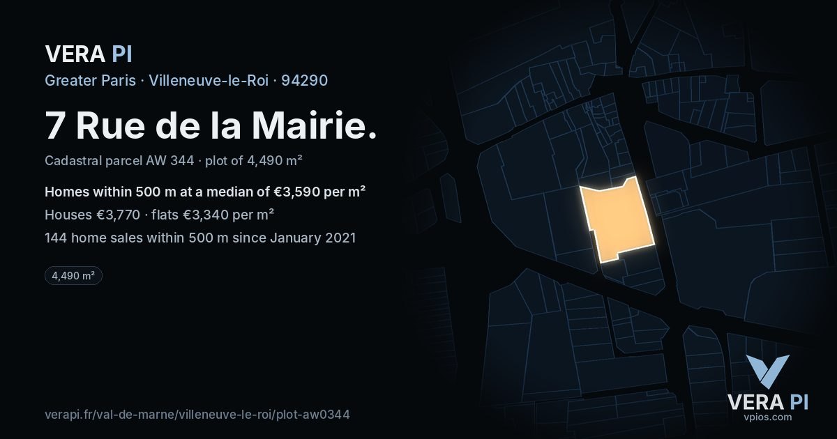 7 Rue de la Mairie, Villeneuve-le-Roi at night – the plot lit, the parcels around coloured by the prices near them