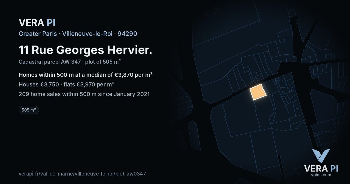 11 Rue Georges Hervier, Villeneuve-le-Roi at night – the plot lit, the parcels around coloured by the prices near them