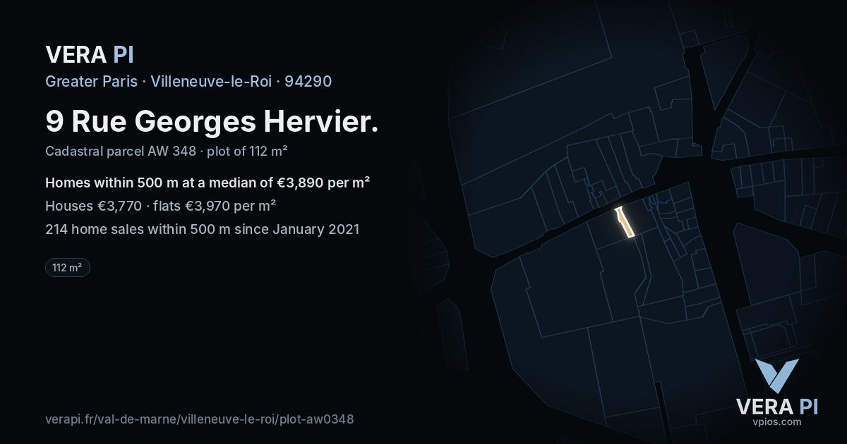 9 Rue Georges Hervier, Villeneuve-le-Roi at night – the plot lit, the parcels around coloured by the prices near them