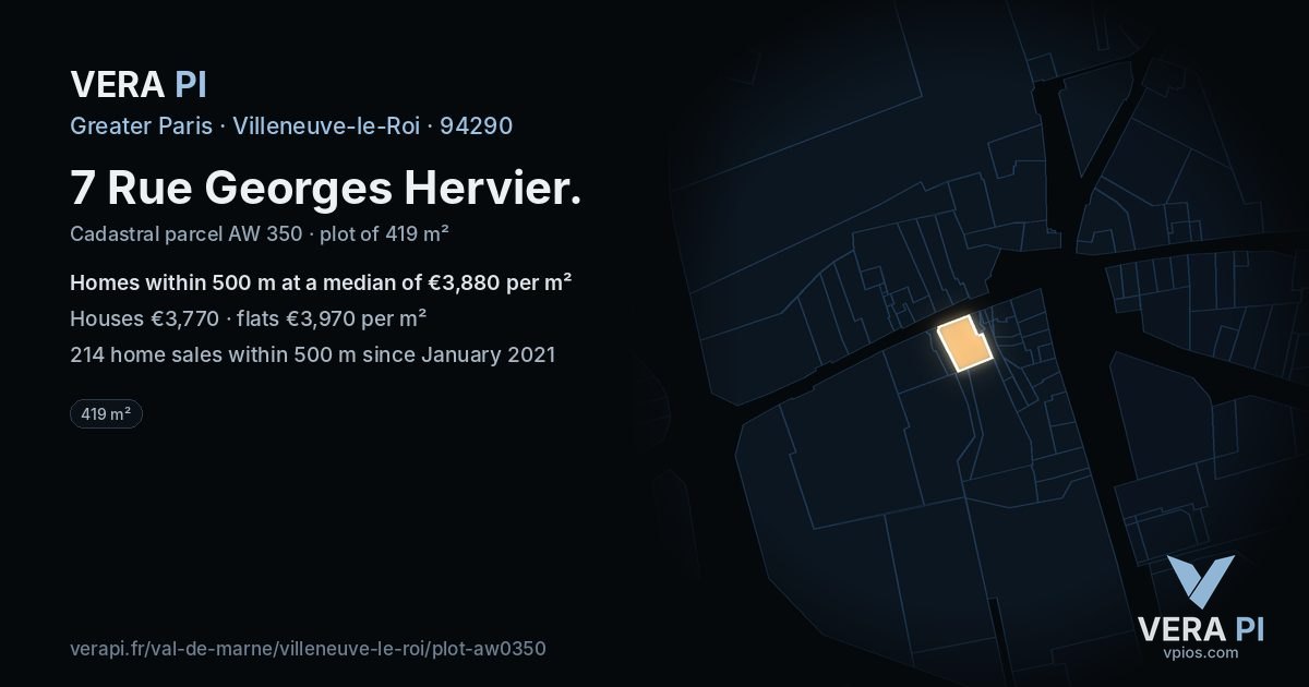 7 Rue Georges Hervier, Villeneuve-le-Roi at night – the plot lit, the parcels around coloured by the prices near them
