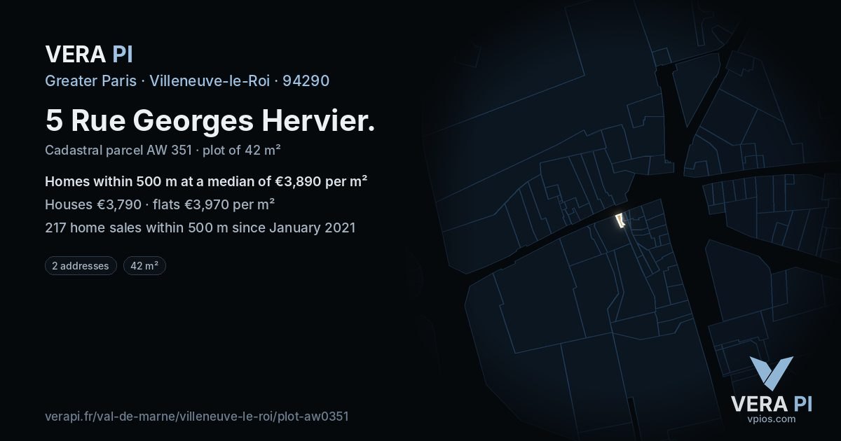 5 Rue Georges Hervier, Villeneuve-le-Roi at night – the plot lit, the parcels around coloured by the prices near them