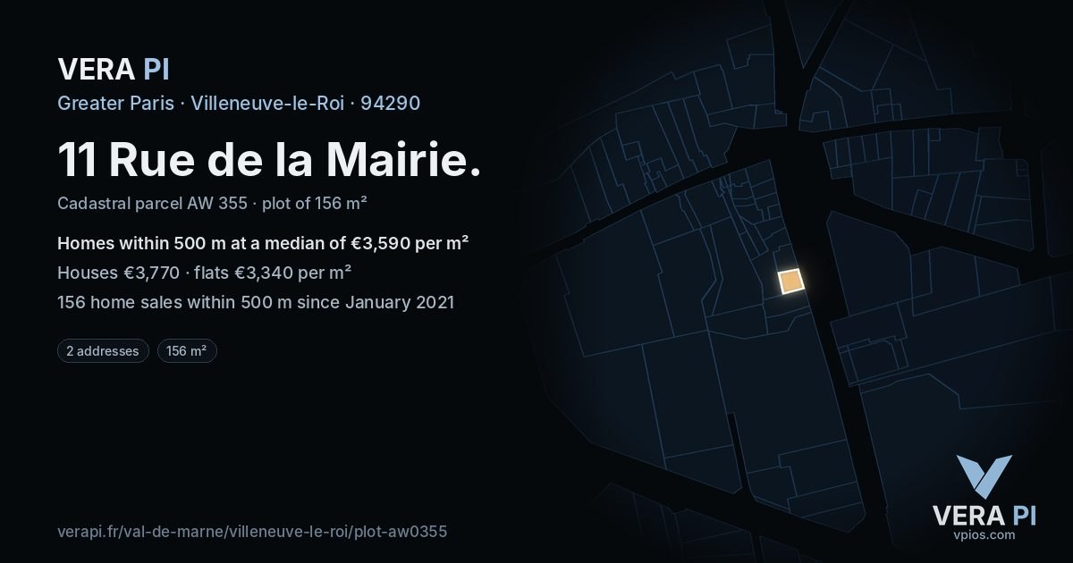 11 Rue de la Mairie, Villeneuve-le-Roi at night – the plot lit, the parcels around coloured by the prices near them
