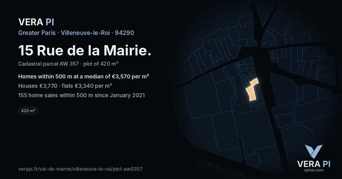 15 Rue de la Mairie, Villeneuve-le-Roi at night – the plot lit, the parcels around coloured by the prices near them