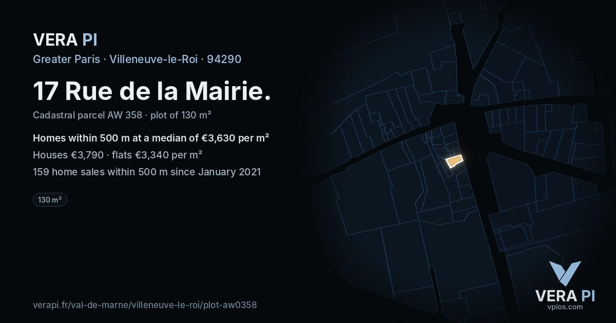 17 Rue de la Mairie, Villeneuve-le-Roi at night – the plot lit, the parcels around coloured by the prices near them