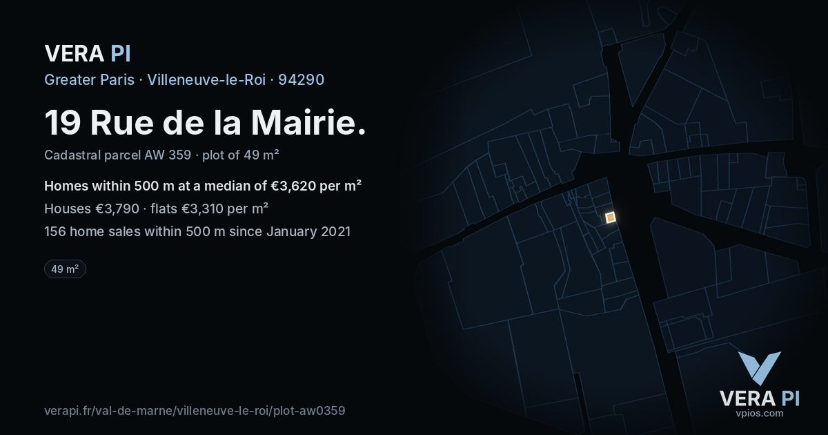 19 Rue de la Mairie, Villeneuve-le-Roi at night – the plot lit, the parcels around coloured by the prices near them