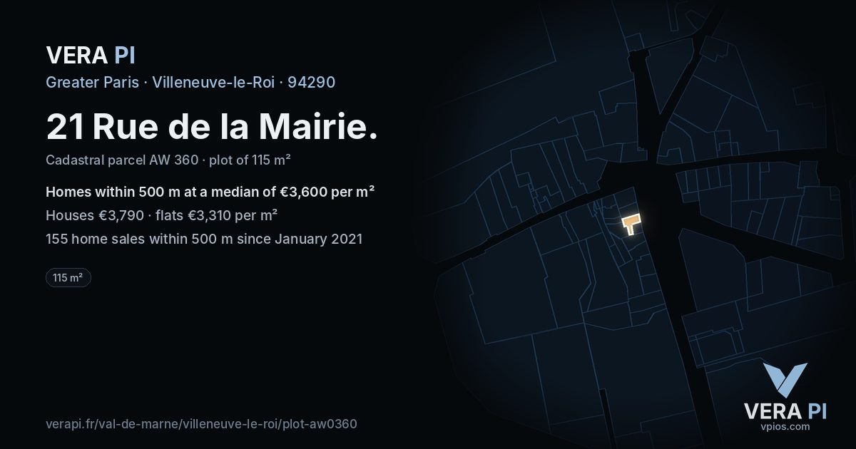 21 Rue de la Mairie, Villeneuve-le-Roi at night – the plot lit, the parcels around coloured by the prices near them