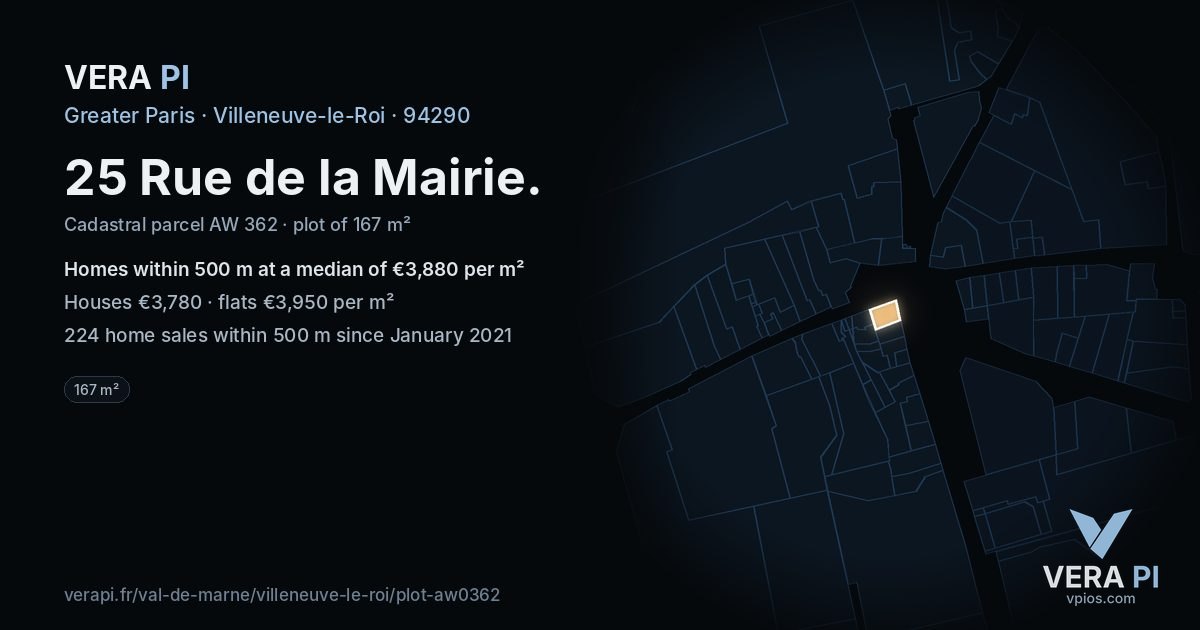 25 Rue de la Mairie, Villeneuve-le-Roi at night – the plot lit, the parcels around coloured by the prices near them