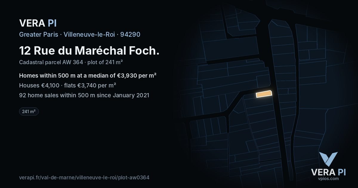 12 Rue du Maréchal Foch, Villeneuve-le-Roi at night – the plot lit, the parcels around coloured by the prices near them