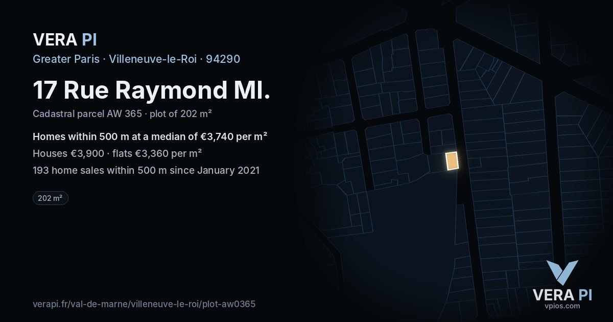 17 Rue Raymond Ml, Villeneuve-le-Roi at night – the plot lit, the parcels around coloured by the prices near them