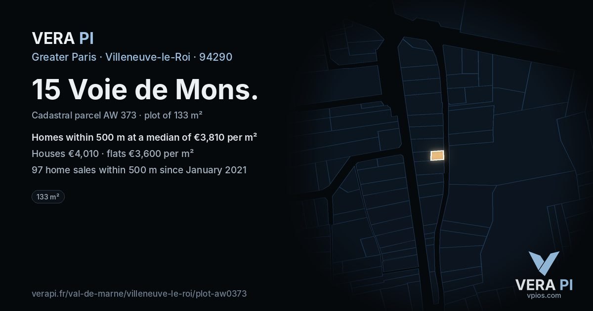15 Voie de Mons, Villeneuve-le-Roi at night – the plot lit, the parcels around coloured by the prices near them