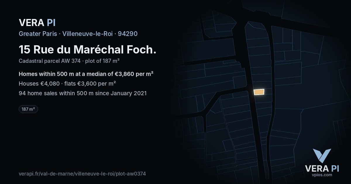 15 Rue du Maréchal Foch, Villeneuve-le-Roi at night – the plot lit, the parcels around coloured by the prices near them