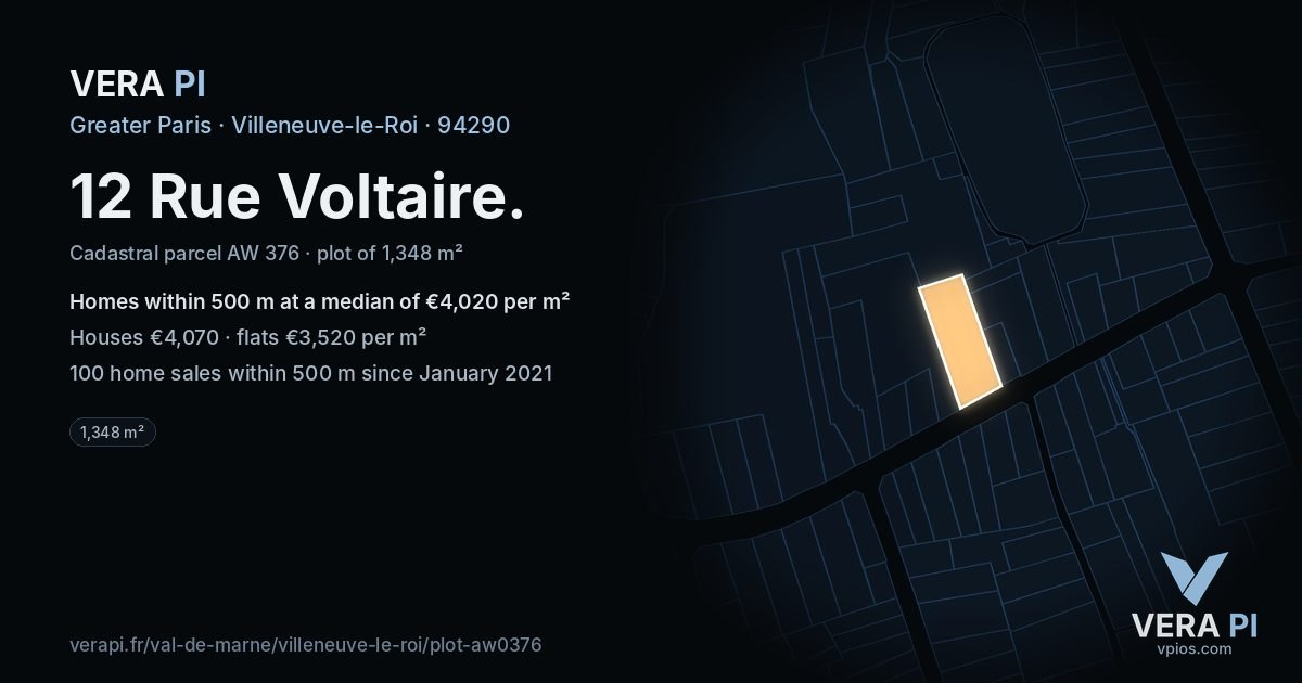 12 Rue Voltaire, Villeneuve-le-Roi at night – the plot lit, the parcels around coloured by the prices near them