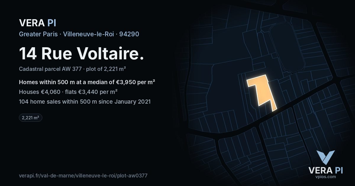 14 Rue Voltaire, Villeneuve-le-Roi at night – the plot lit, the parcels around coloured by the prices near them