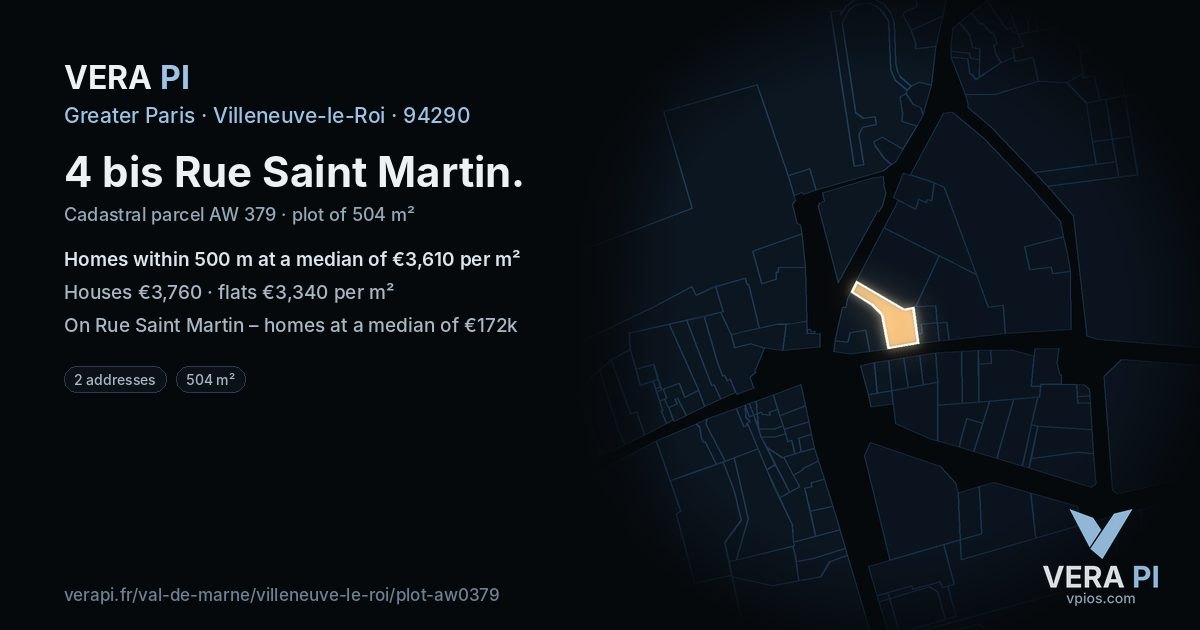 4 bis Rue Saint Martin, Villeneuve-le-Roi at night – the plot lit, the parcels around coloured by the prices near them
