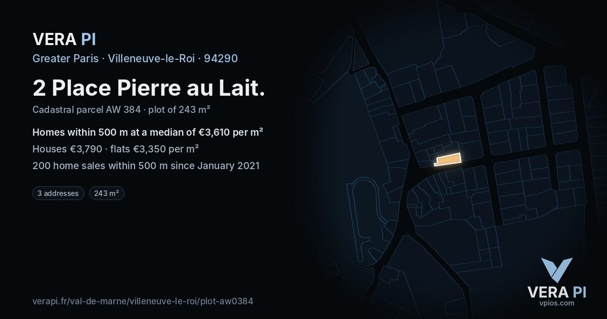 2 Place Pierre au Lait, Villeneuve-le-Roi at night – the plot lit, the parcels around coloured by the prices near them