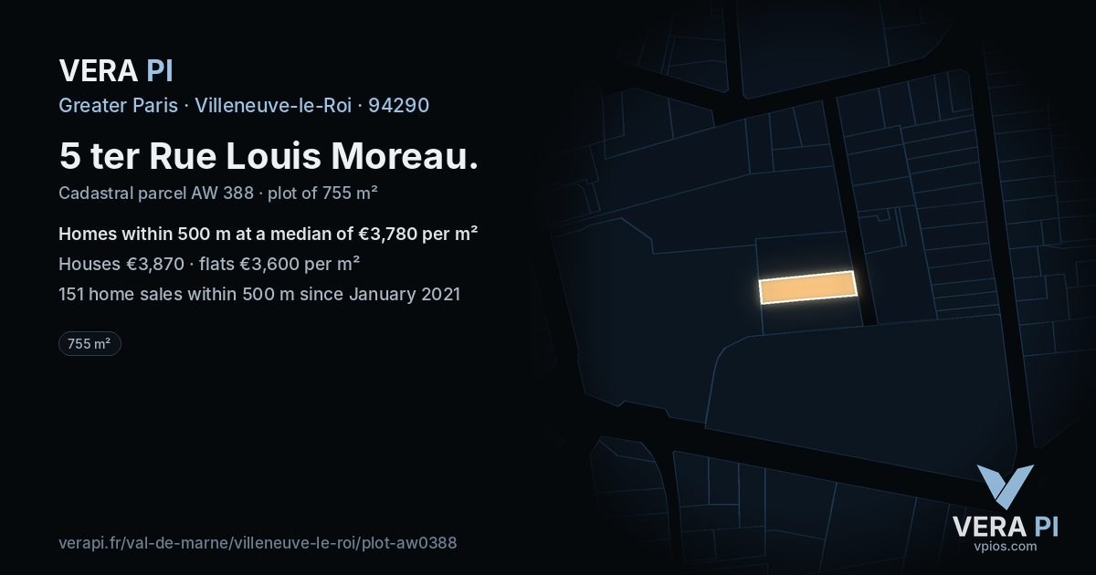 5 ter Rue Louis Moreau, Villeneuve-le-Roi at night – the plot lit, the parcels around coloured by the prices near them