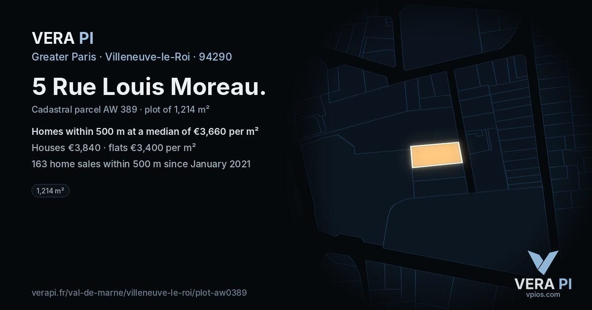 5 Rue Louis Moreau, Villeneuve-le-Roi at night – the plot lit, the parcels around coloured by the prices near them
