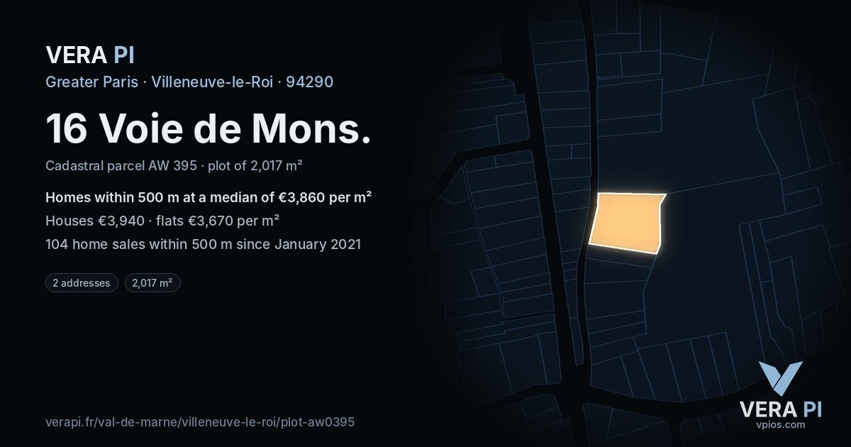 16 Voie de Mons, Villeneuve-le-Roi at night – the plot lit, the parcels around coloured by the prices near them