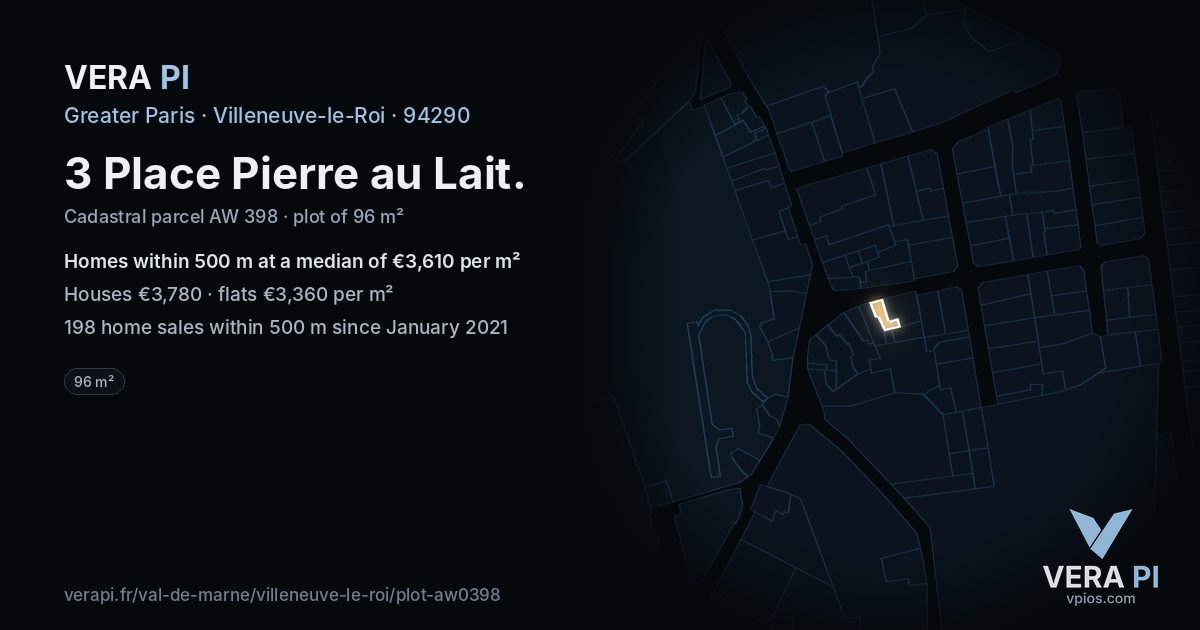 3 Place Pierre au Lait, Villeneuve-le-Roi at night – the plot lit, the parcels around coloured by the prices near them