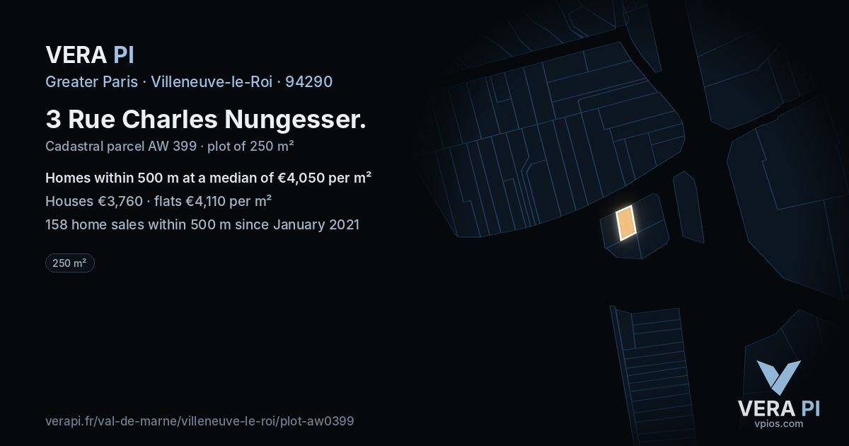 3 Rue Charles Nungesser, Villeneuve-le-Roi at night – the plot lit, the parcels around coloured by the prices near them