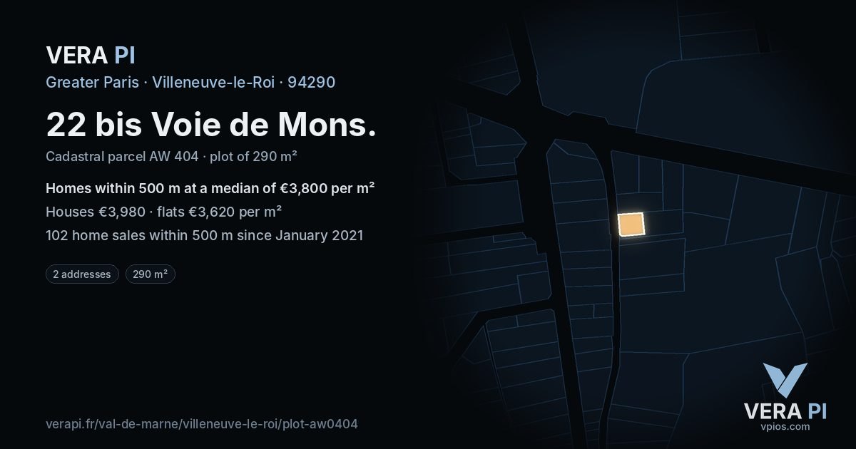 22 bis Voie de Mons, Villeneuve-le-Roi at night – the plot lit, the parcels around coloured by the prices near them