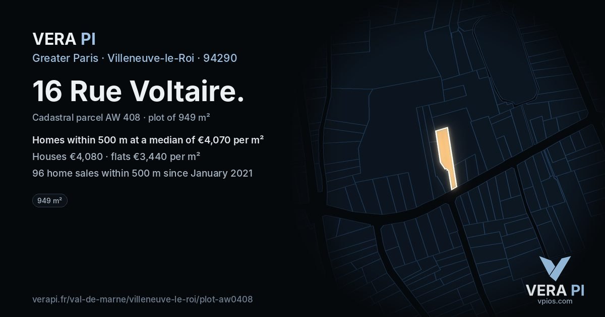 16 Rue Voltaire, Villeneuve-le-Roi at night – the plot lit, the parcels around coloured by the prices near them