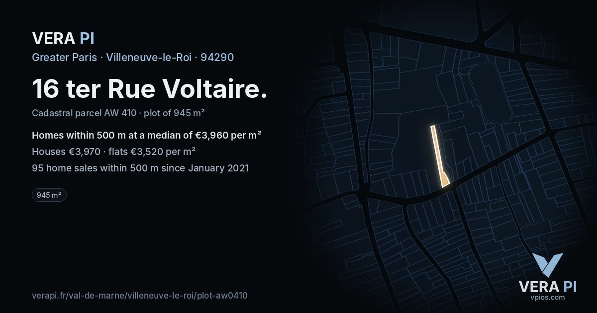 16 ter Rue Voltaire, Villeneuve-le-Roi at night – the plot lit, the parcels around coloured by the prices near them