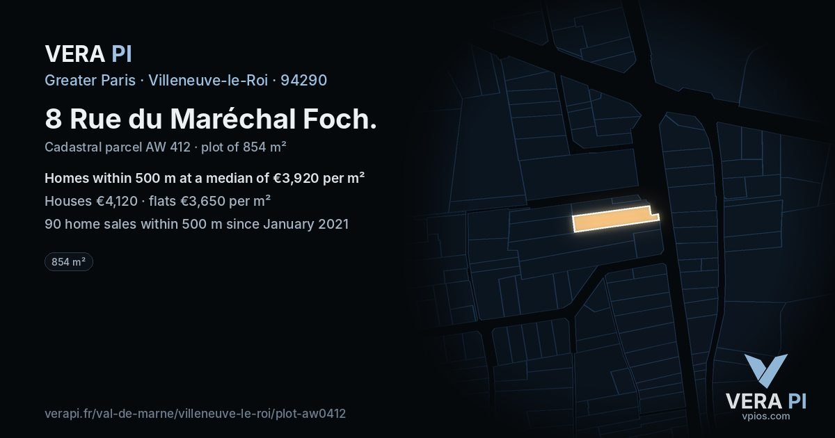 8 Rue du Maréchal Foch, Villeneuve-le-Roi at night – the plot lit, the parcels around coloured by the prices near them