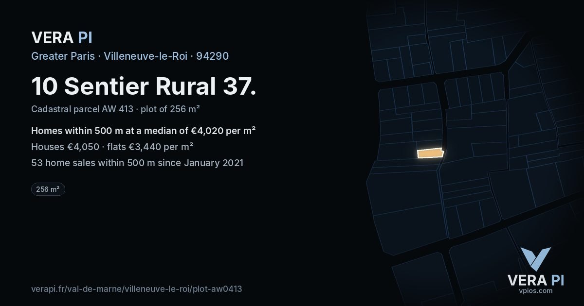 10 Sentier Rural 37, Villeneuve-le-Roi at night – the plot lit, the parcels around coloured by the prices near them