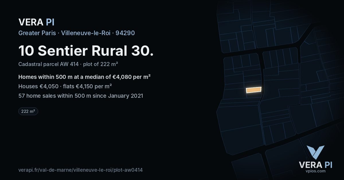 10 Sentier Rural 30, Villeneuve-le-Roi at night – the plot lit, the parcels around coloured by the prices near them