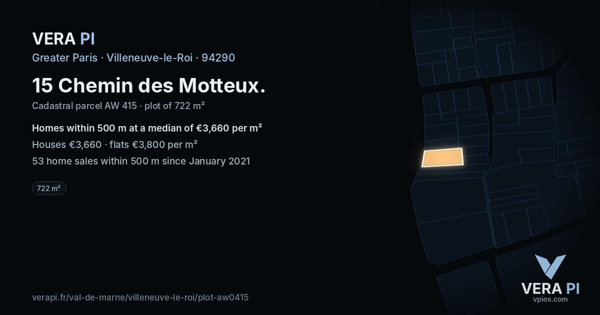 15 Chemin des Motteux, Villeneuve-le-Roi at night – the plot lit, the parcels around coloured by the prices near them