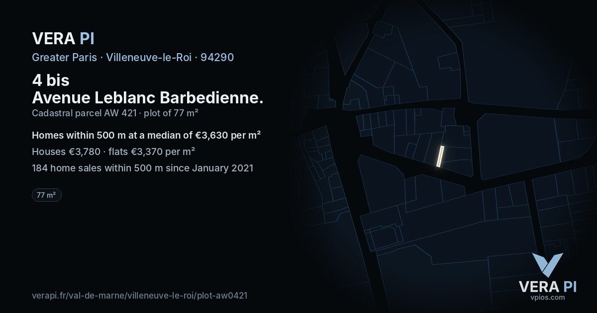 4 bis Avenue Leblanc Barbedienne, Villeneuve-le-Roi at night – the plot lit, the parcels around coloured by the prices near them