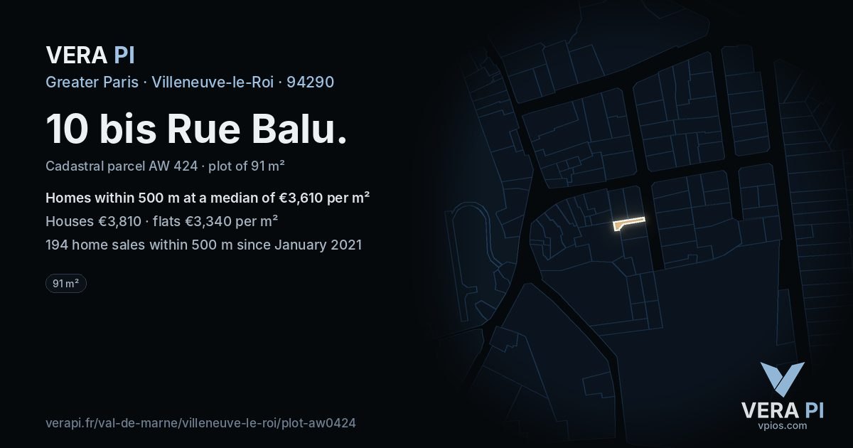 10 bis Rue Balu, Villeneuve-le-Roi at night – the plot lit, the parcels around coloured by the prices near them