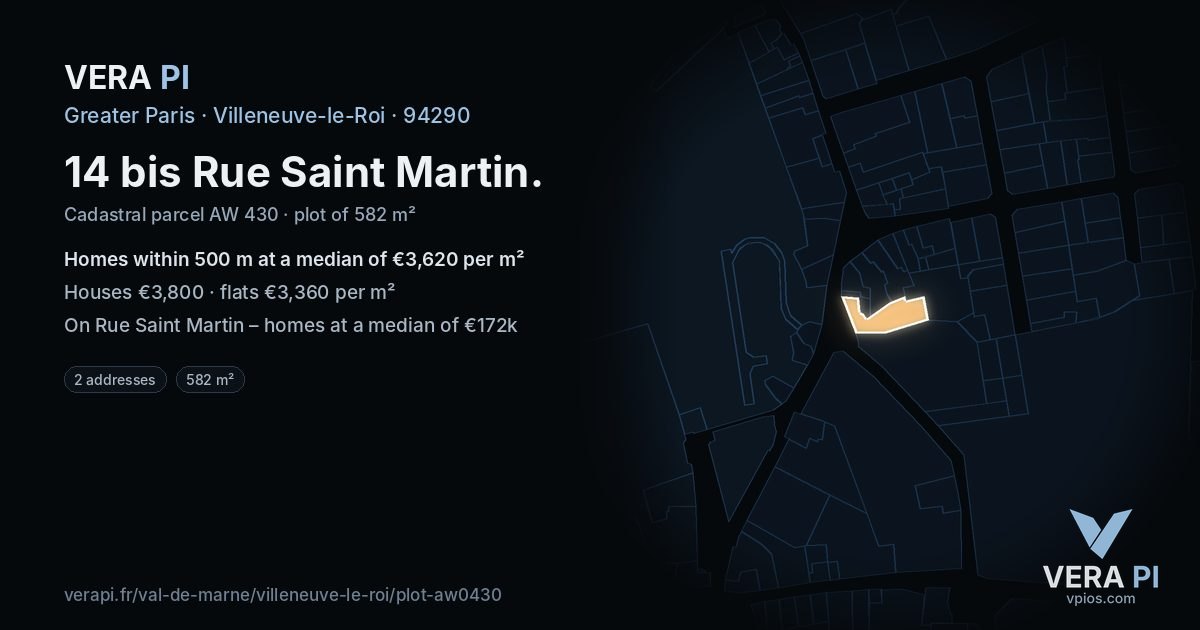 14 bis Rue Saint Martin, Villeneuve-le-Roi at night – the plot lit, the parcels around coloured by the prices near them
