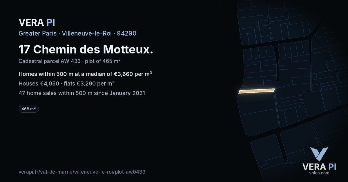 17 Chemin des Motteux, Villeneuve-le-Roi at night – the plot lit, the parcels around coloured by the prices near them